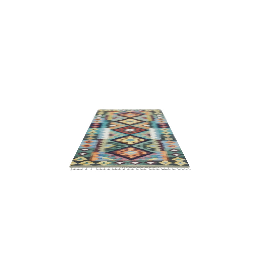 Afghan Kilim Runner 3x6 | Olive Green, Blue & Navy | Hand-Woven Wool Flatweave | True-Size 3D Rug | View in Your Room