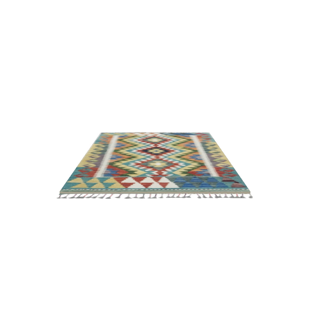Afghan Kilim Rug 3x4 | Gold, Teal & Rust | Hand-Woven Wool Flatweave | True-Size 3D Rug | View in Your Room