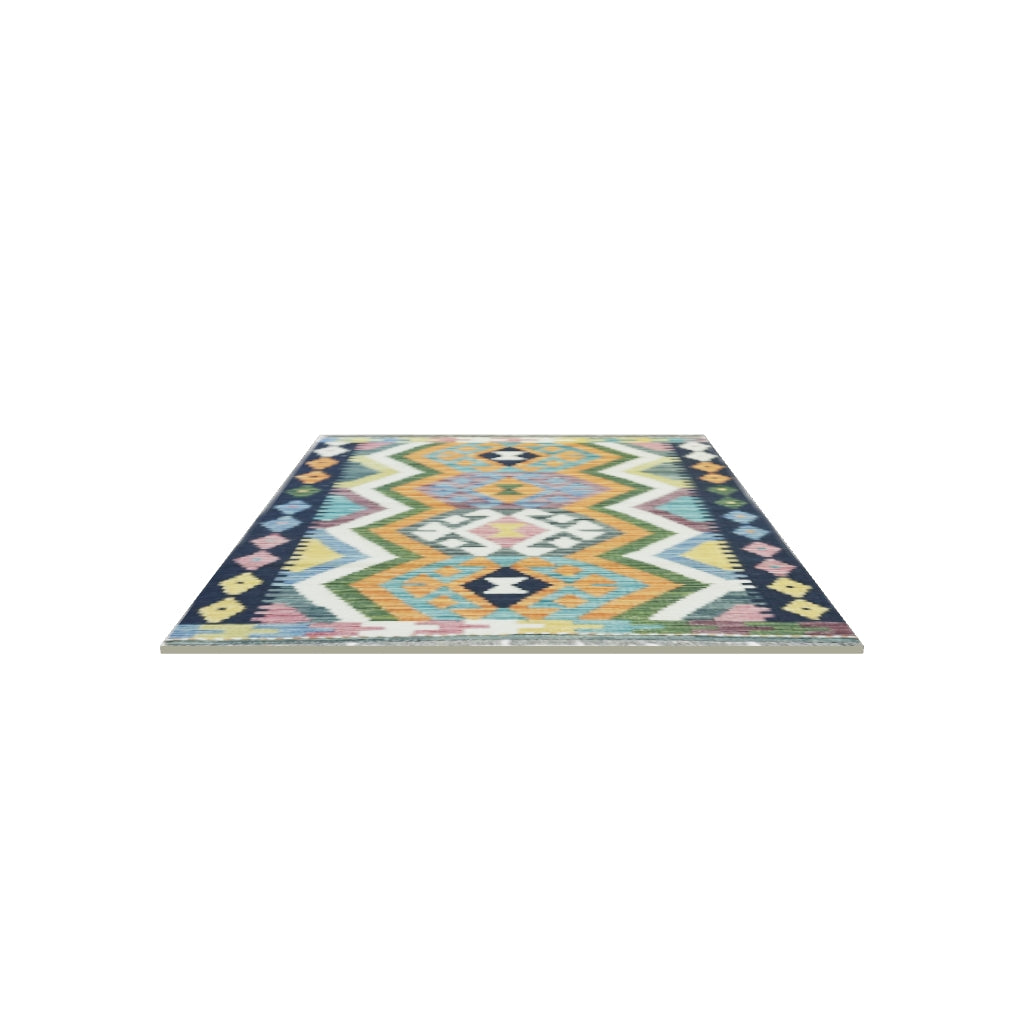 Afghan Kilim Rug 3x4 | Navy, Orange & Ivory | Hand-Woven Wool Flatweave | True-Size 3D Rug | View in Your Room