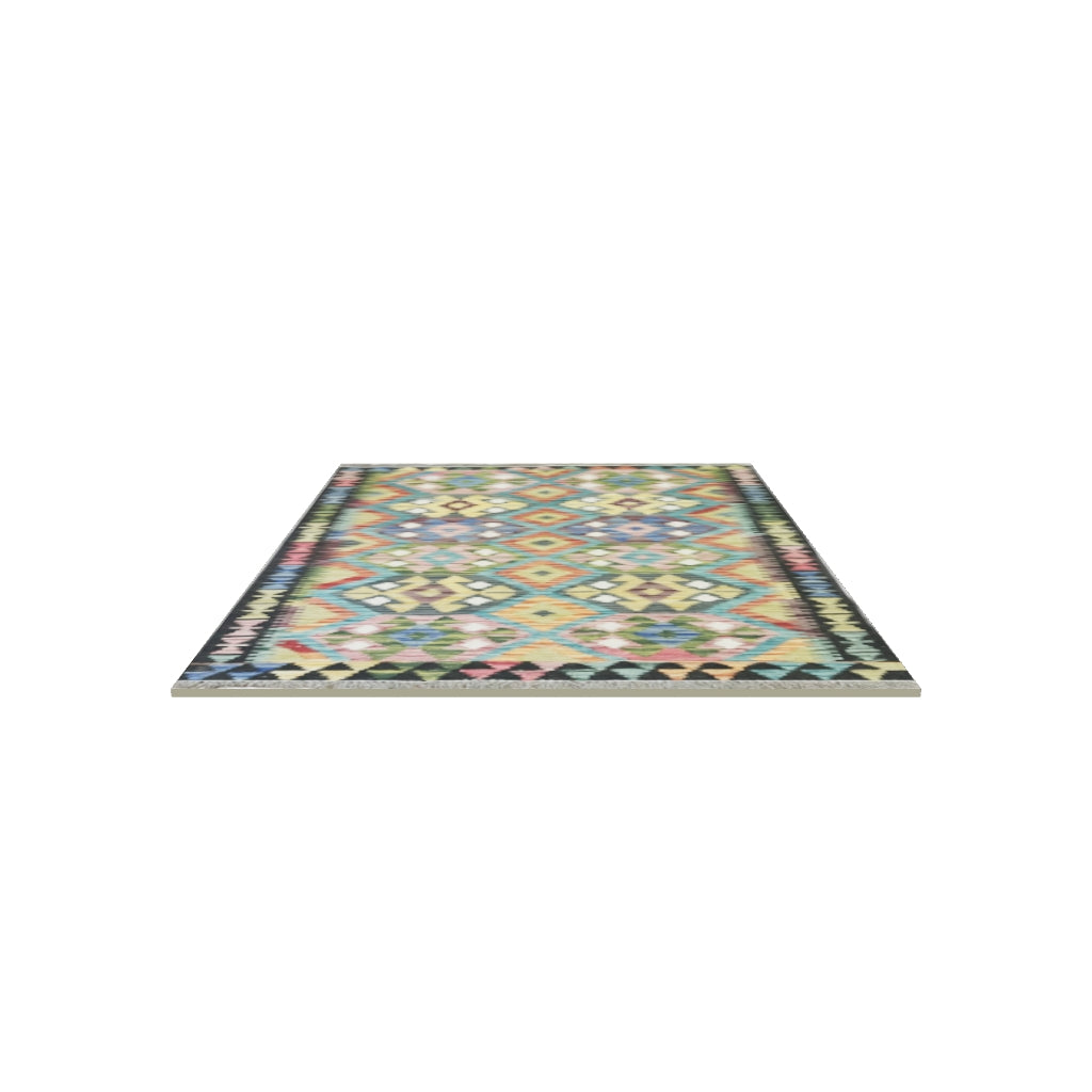 Afghan Kilim Rug 3x4 | Teal, Gold & Navy | Hand-Woven Wool Flatweave | True-Size 3D Rug | View in Your Room