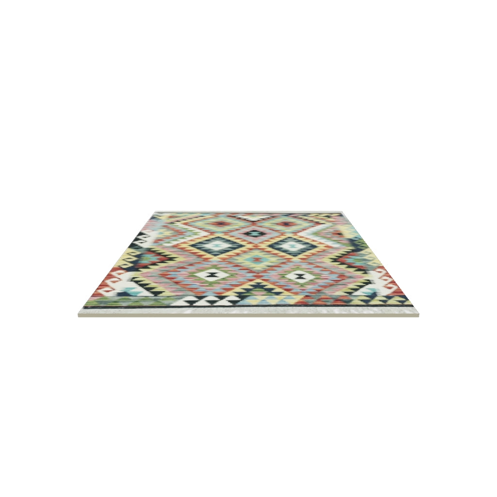 Afghan Kilim Rug 3x4 | Rust, Olive Green & Teal | Diamond Lattice Wool Flatweave | Navy Accents | True-Size 3D Rug | View in Your Room