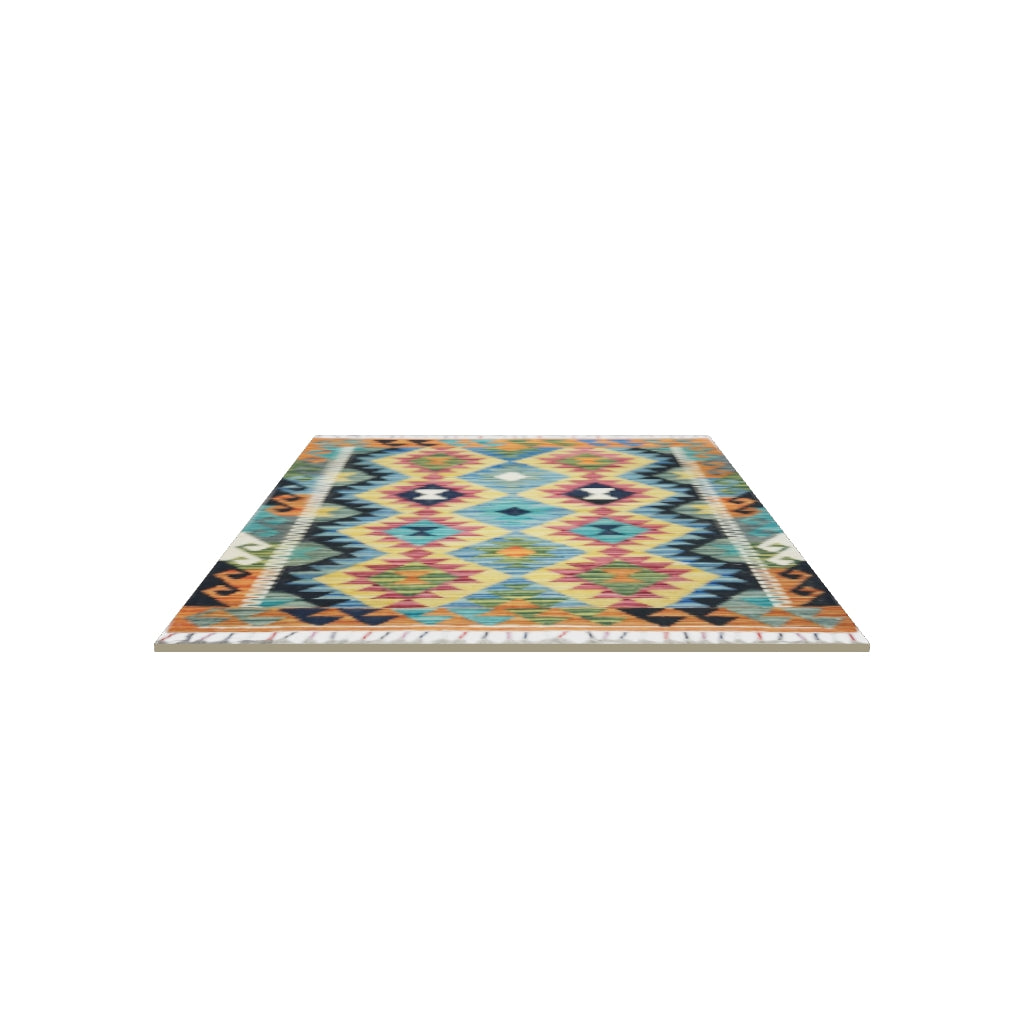 Afghan Kilim Rug 3x4 | Gold, Teal & Orange | Hand-Woven Wool Flatweave | True-Size 3D Rug | View in Your Room