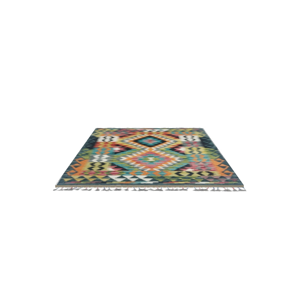 Afghan Kilim Rug 2x4 | Teal, Orange & Olive Green | Hand-Woven Wool Flatweave | True-Size 3D Rug | View in Your Room