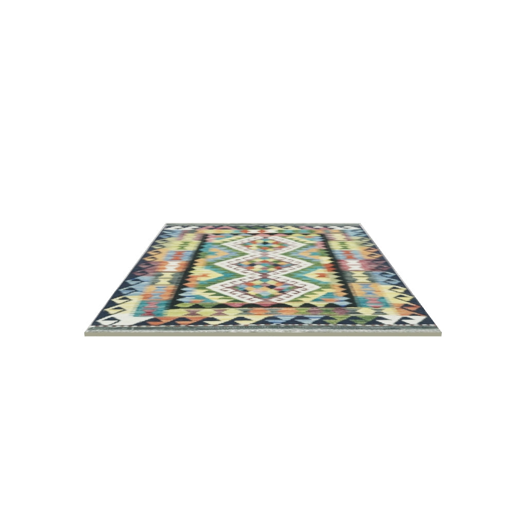 Afghan Kilim Rug 3x4 | Navy, Ivory & Gold | Hand-Woven Wool Flatweave | True-Size 3D Rug | View in Your Room