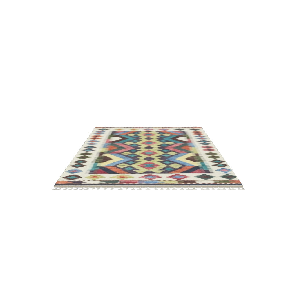 Afghan Kilim Rug 3x4 | Ivory, Brown & Teal | Hand-Woven Wool Flatweave | True-Size 3D Rug | View in Your Room