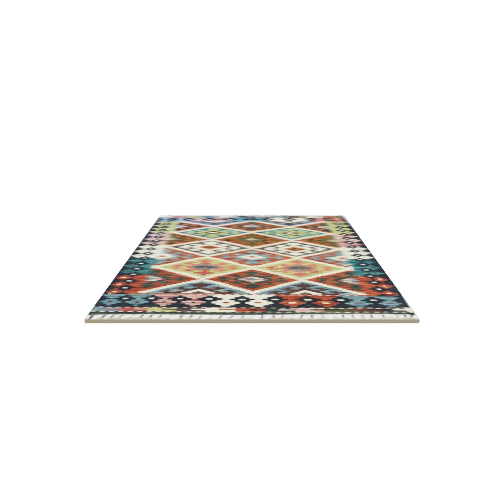Afghan Kilim Rug 3x4 | Teal, Rust & Ivory | Hand-Woven Wool Flatweave | True-Size 3D Rug | View in Your Room