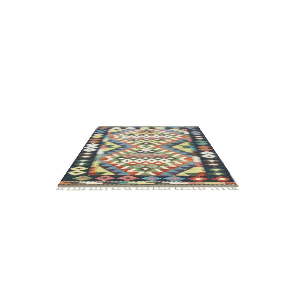 Afghan Kilim Rug 3x4 | Navy, Rust & Olive Green | Hand-Woven Wool Flatweave | True-Size 3D Rug | View in Your Room