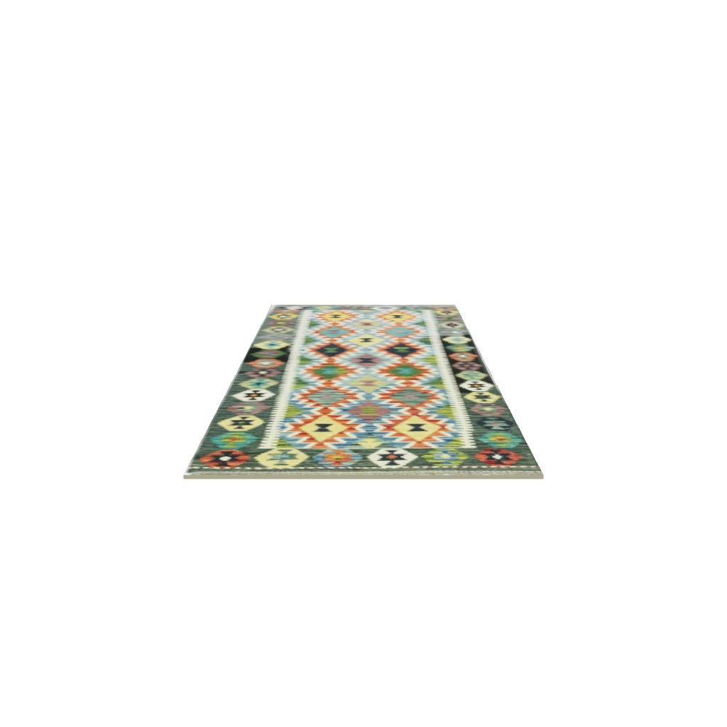 Afghan Kilim Runner 3x7 | Green, Ivory & Rust | Hand-Woven Wool Flatweave | True-Size 3D Rug | View in Your Room
