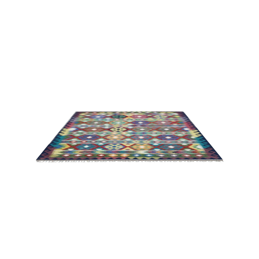 Afghan Kilim Rug 5x7 | Green, Red & Navy | Hand-Woven Wool Flatweave | True-Size 3D Rug | View in Your Room