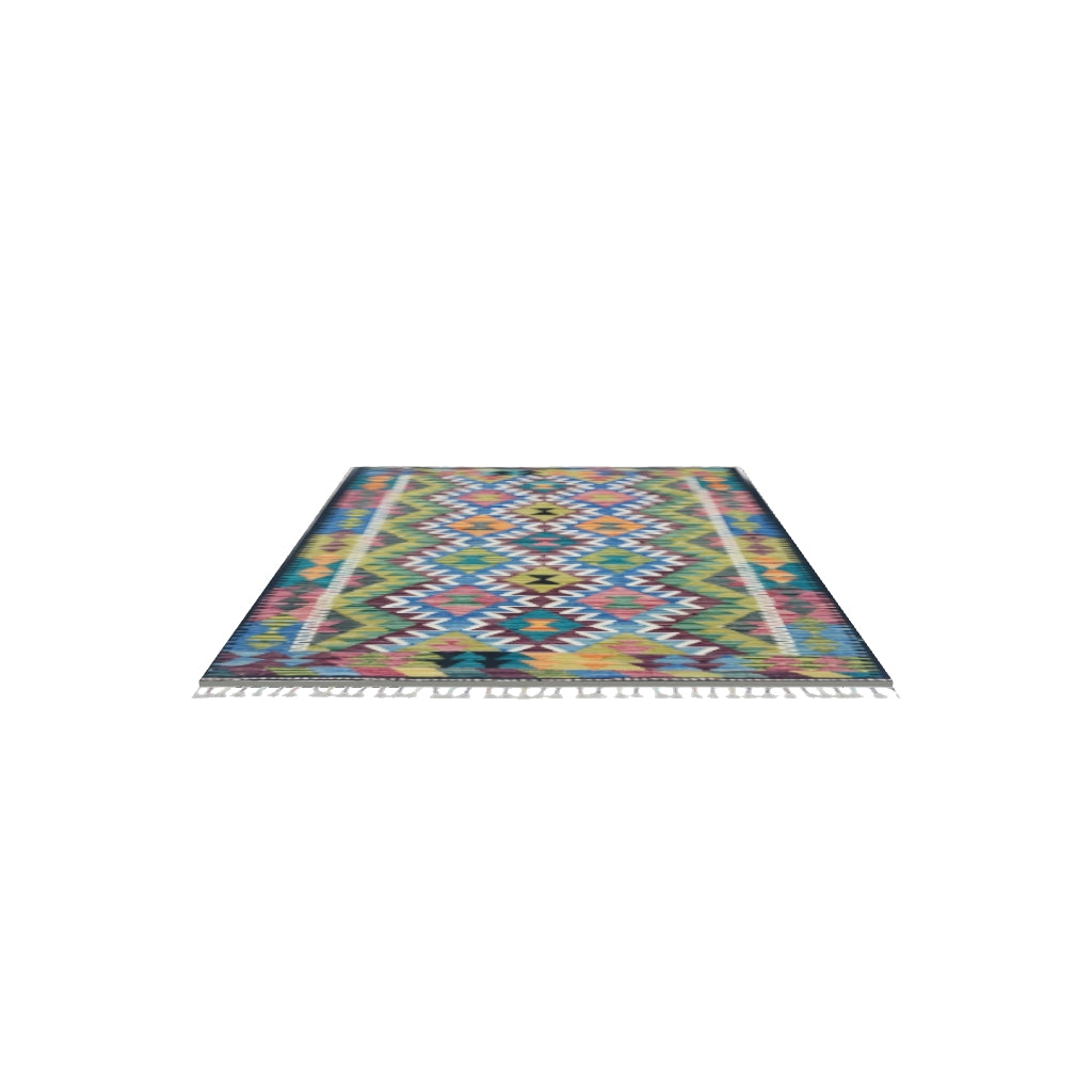 Afghan Kilim Rug 3x5 | Green, Blue & Pink | Hand-Woven Wool Flatweave | True-Size 3D Rug | View in Your Room