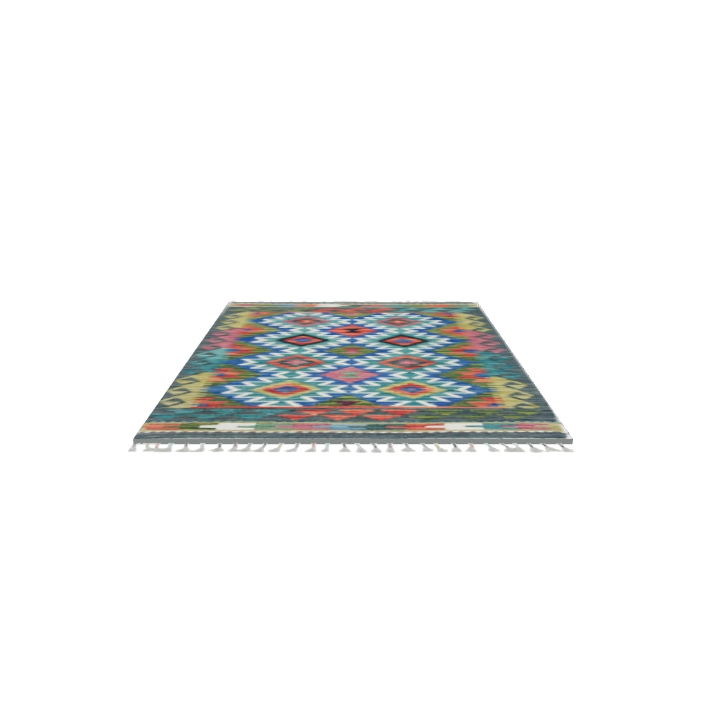 Afghan Kilim Rug 3x4 | Teal, Blue & Olive Green | Hand-Woven Wool Flatweave | True-Size 3D Rug | View in Your Room