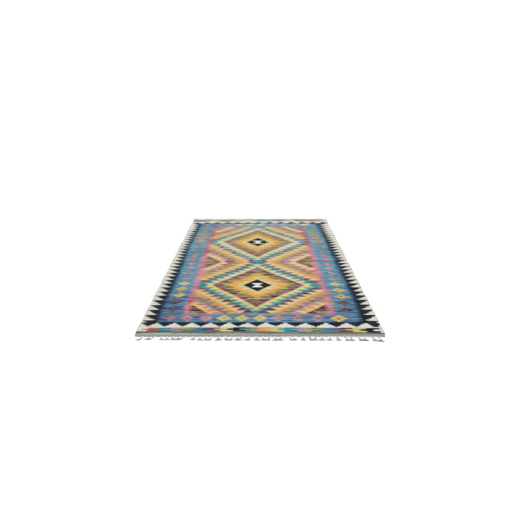 Afghan Kilim Runner 3x6 | Gold, Orange & Blue | Hand-Woven Wool Flatweave | True-Size 3D Rug | View in Your Room