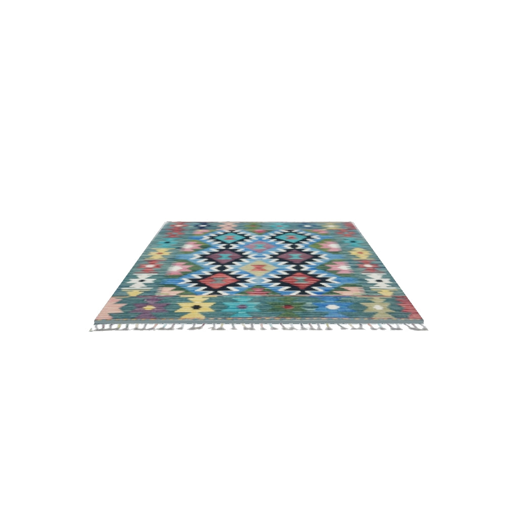 Afghan Kilim Rug 3x4 | Teal, Blue & Black | Hand-Woven Wool Flatweave | True-Size 3D Rug | View in Your Room