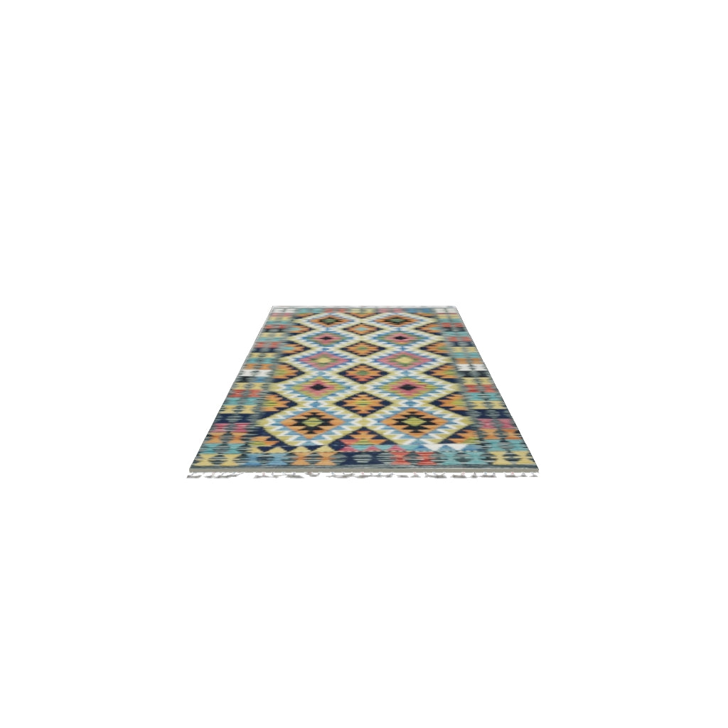 Afghan Kilim Runner 3x7 | Teal, Navy & Ivory | Hand-Woven Wool Flatweave | True-Size 3D Rug | View in Your Room
