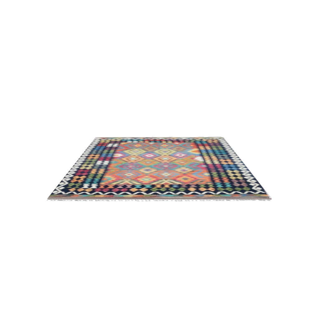 Afghan Kilim Rug 6x8 | Navy, Orange & Teal | Hand-Woven Wool Flatweave | True-Size 3D Rug | View in Your Room