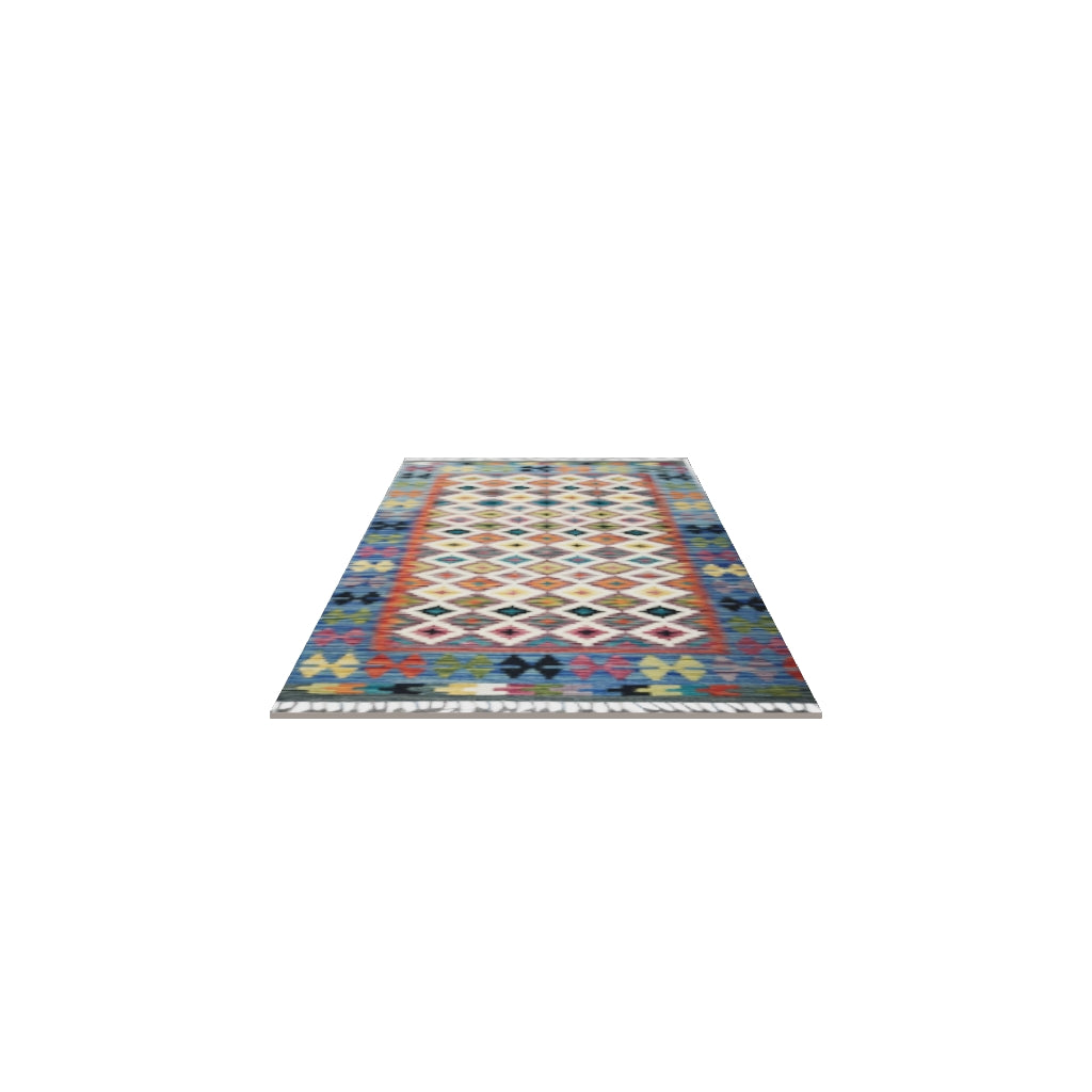 Afghan Kilim Runner 3x6 | Blue, Ivory & Rust | Hand-Woven Wool Flatweave | True-Size 3D Rug | View in Your Room