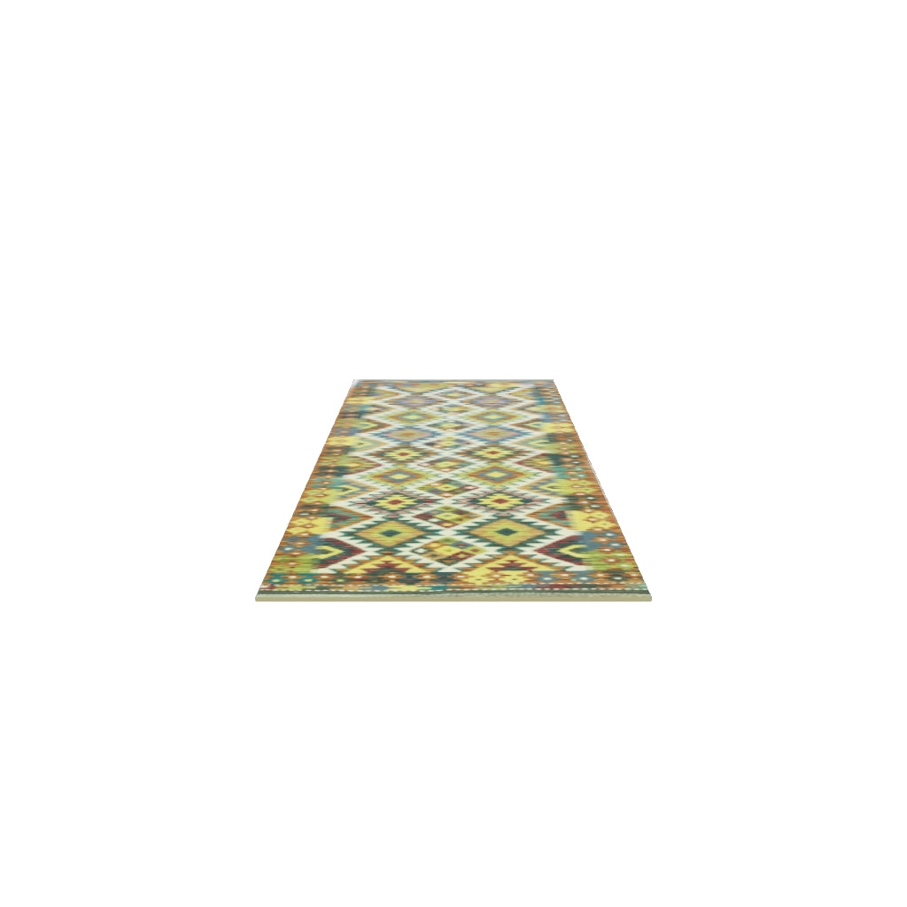 Afghan Kilim Runner 3x8 | Olive Green, Gold & Teal | Hand-Woven Wool Flatweave | True-Size 3D Rug | View in Your Room