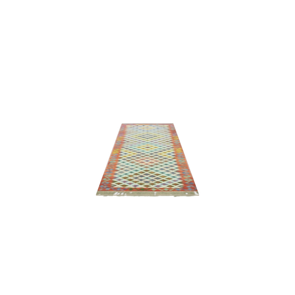 Afghan Kilim Runner 3x10 | Ivory, Rust & Teal | Hand-Woven Wool Flatweave | True-Size 3D Rug | View in Your Room