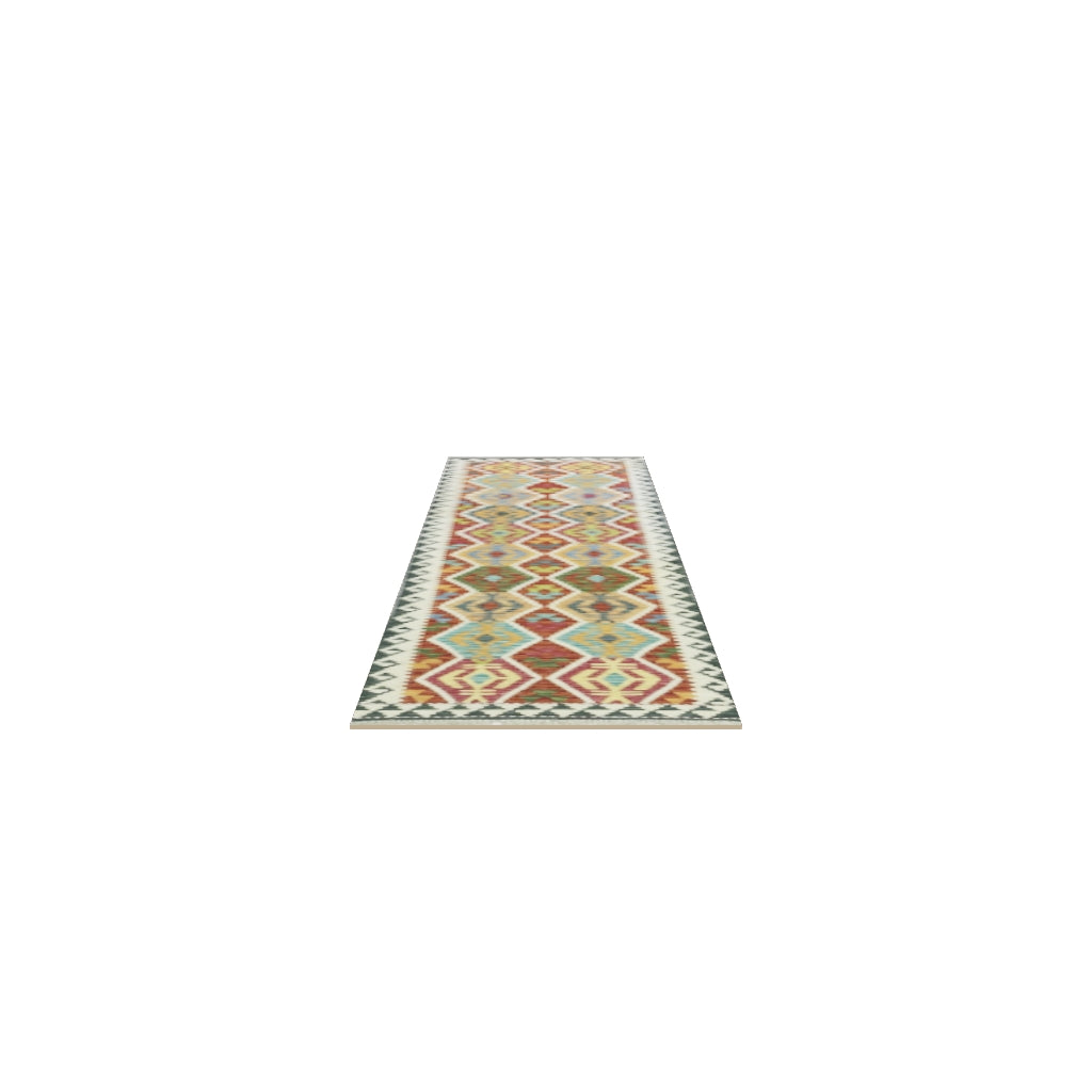 Afghan Kilim Runner 3x10 | Rust, Ivory & Teal | Hand-Woven Wool Flatweave | True-Size 3D Rug | View in Your Room