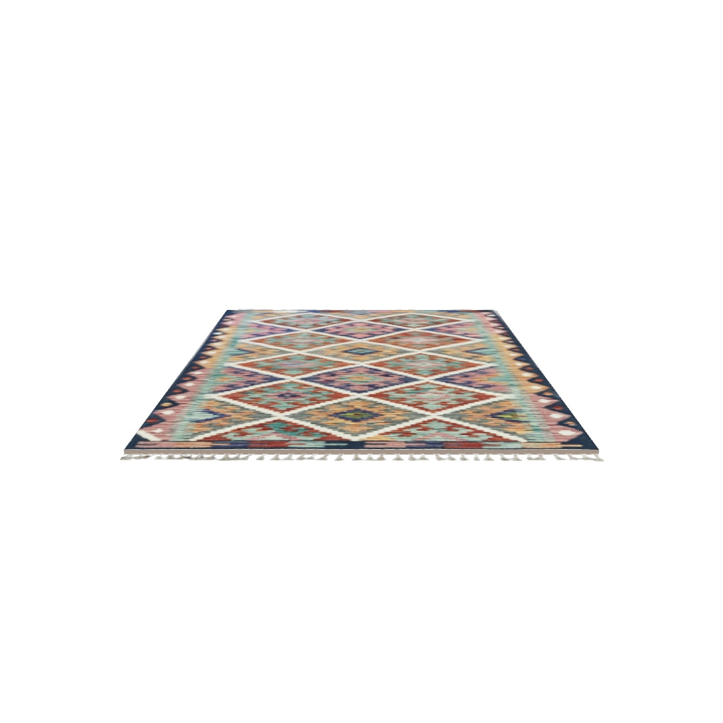 Afghan Kilim Rug 3x4 | Rust, Navy & Pink | Diamond Lattice Wool Flatweave | True-Size 3D Rug | View in Your Room