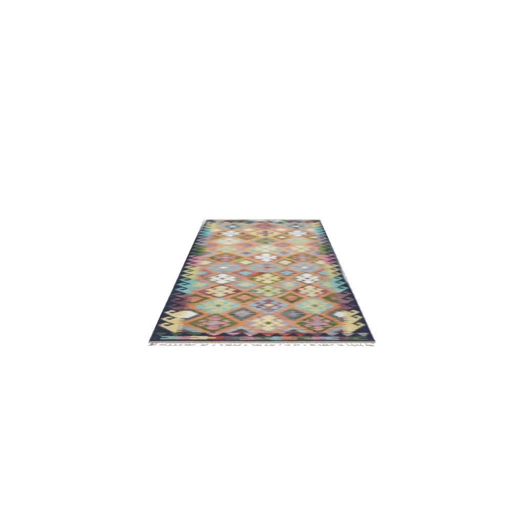 Afghan Kilim Runner 3x10 | Orange, Olive Green & Navy | Hand-Woven Wool Flatweave | True-Size 3D Rug | View in Your Room