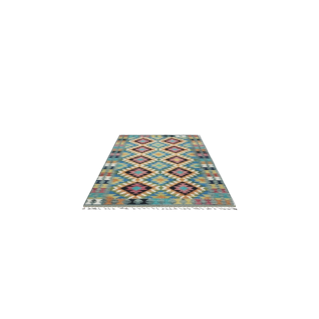 Afghan Kilim Runner 3x7 | Teal, Olive Green & Rust | Hand-Woven Wool Flatweave | True-Size 3D Rug | View in Your Room