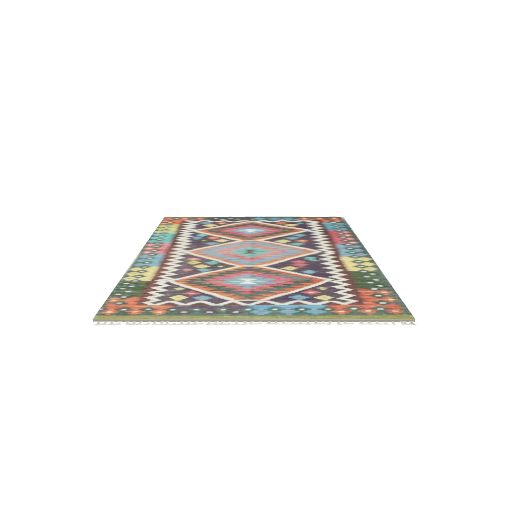Afghan Kilim Rug 4x6 | Purple, Rust & Teal | Hand-Woven Wool Flatweave | True-Size 3D Rug | View in Your Room