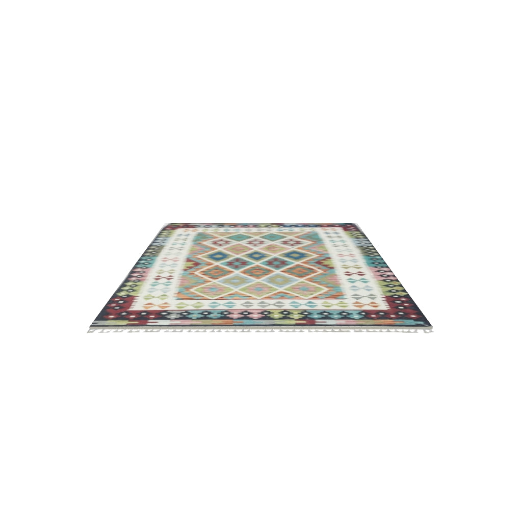 Afghan Kilim Rug 4x6 | Ivory, Navy & Teal | Hand-Woven Wool Flatweave | True-Size 3D Rug | View in Your Room