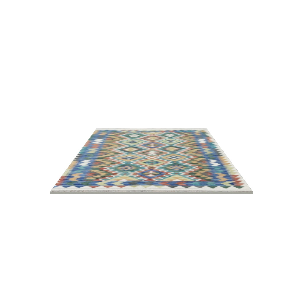 Afghan Kilim Rug 3x5 | Blue, Green & Rust | Hand-Woven Wool Flatweave | True-Size 3D Rug | View in Your Room