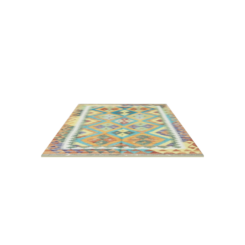 Afghan Kilim Rug 3x5 | Orange, Teal & Gold | Diamond Lattice Wool Flatweave | True-Size 3D Rug | View in Your Room