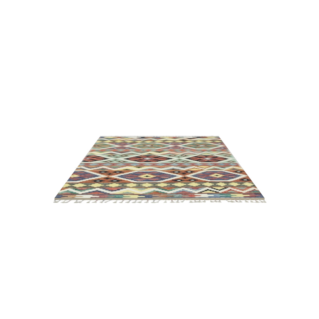Afghan Kilim Rug 3x5 | Navy, Rust & Gold | Hand-Woven Wool Flatweave | True-Size 3D Rug | View in Your Room