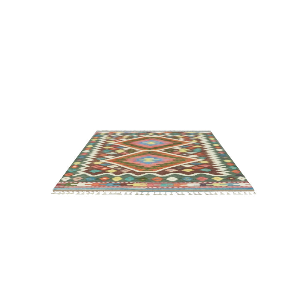 Afghan Kilim Rug 3x5 | Brown, Green & Rust | Hand-Woven Wool Flatweave | True-Size 3D Rug | View in Your Room
