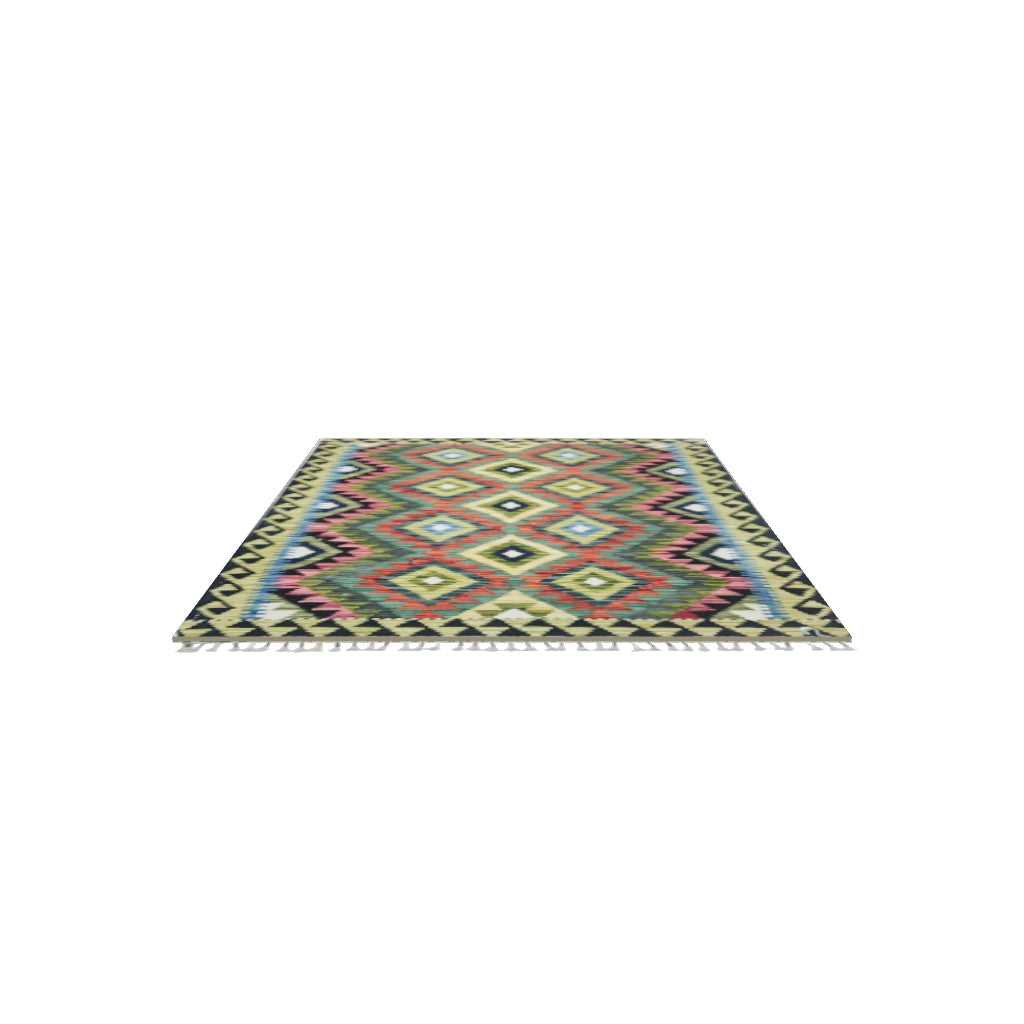 Afghan Kilim Rug 4x5 | Olive Green, Rust & Black | Hand-Woven Wool Flatweave | True-Size 3D Rug | View in Your Room