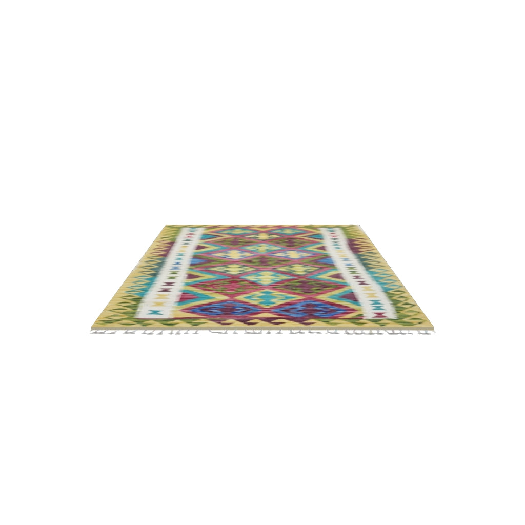 Afghan Kilim Rug 3x5 | Gold, Red & Teal | Hand-Woven Wool Flatweave | True-Size 3D Rug | View in Your Room