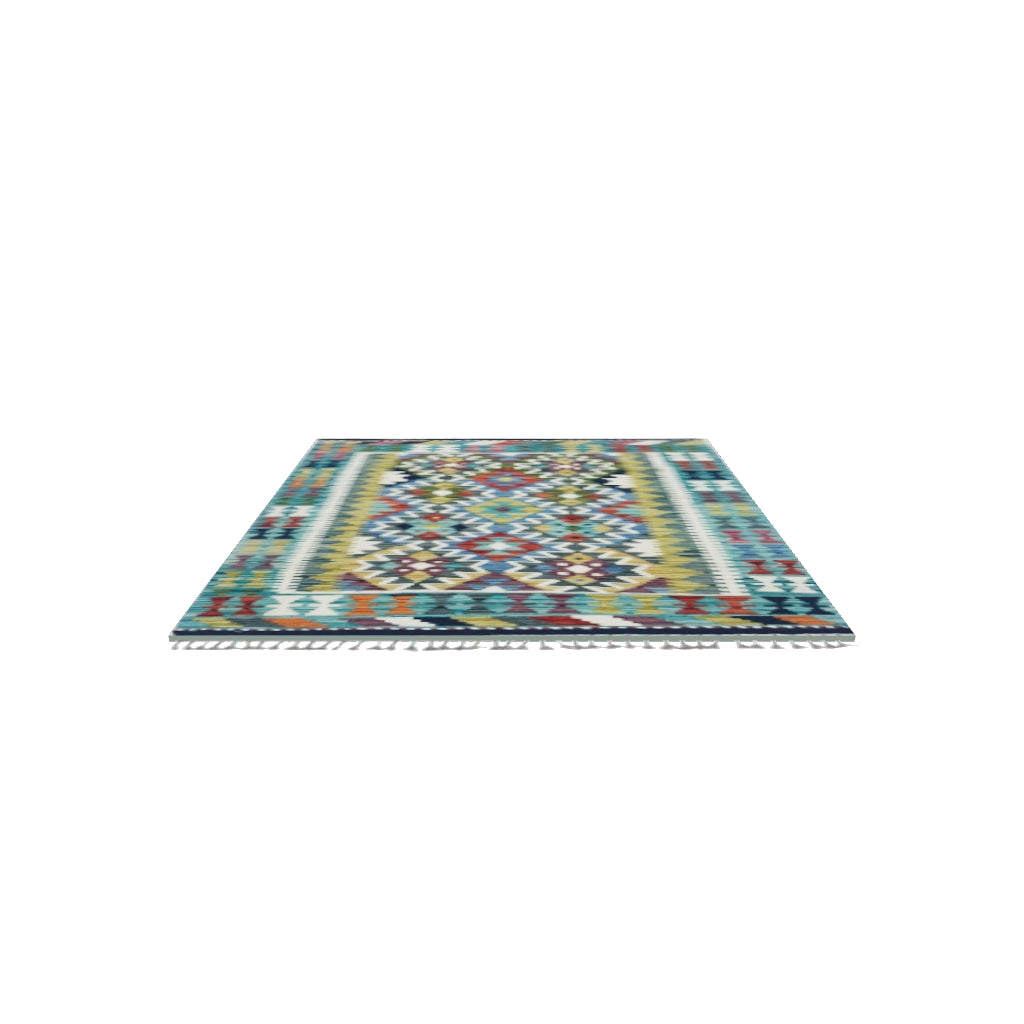 Afghan Kilim Rug 3x5 | Teal, Olive Green & Ivory | Hand-Woven Wool Flatweave | True-Size 3D Rug | View in Your Room