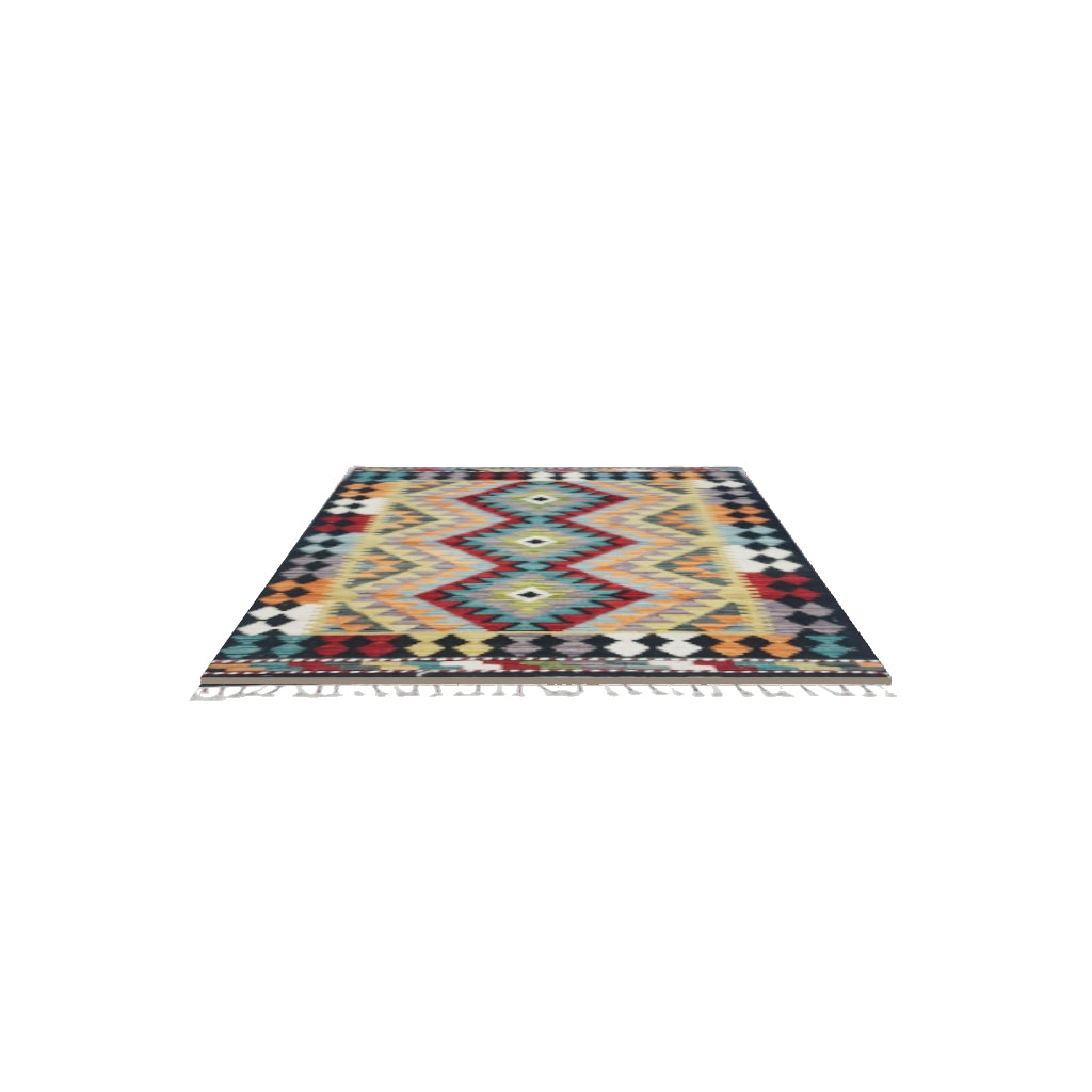 Afghan Kilim Rug 3x4 | Black, Gold & Red | Hand-Woven Wool Flatweave | True-Size 3D Rug | View in Your Room
