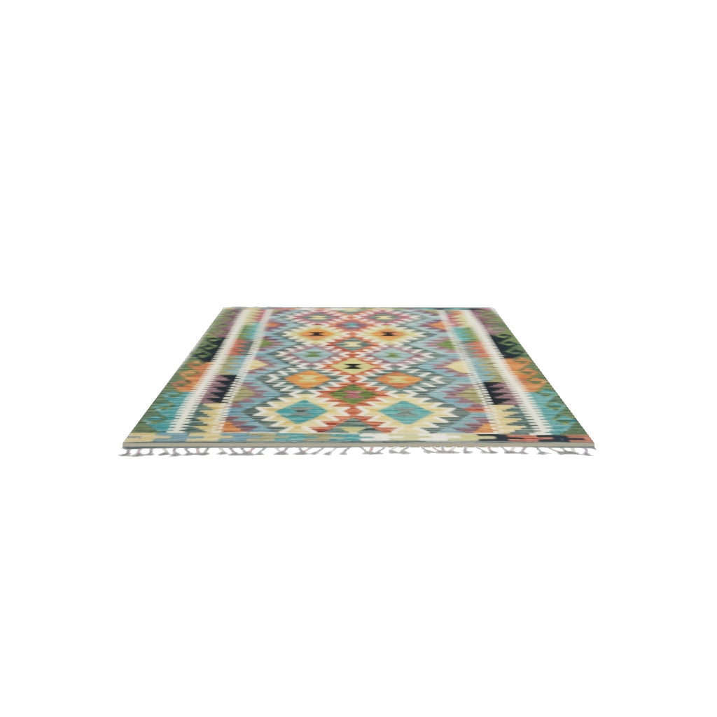 Afghan Kilim Rug 4x5 | Olive Green, Blue & Rust | Hand-Woven Wool Flatweave | True-Size 3D Rug | View in Your Room