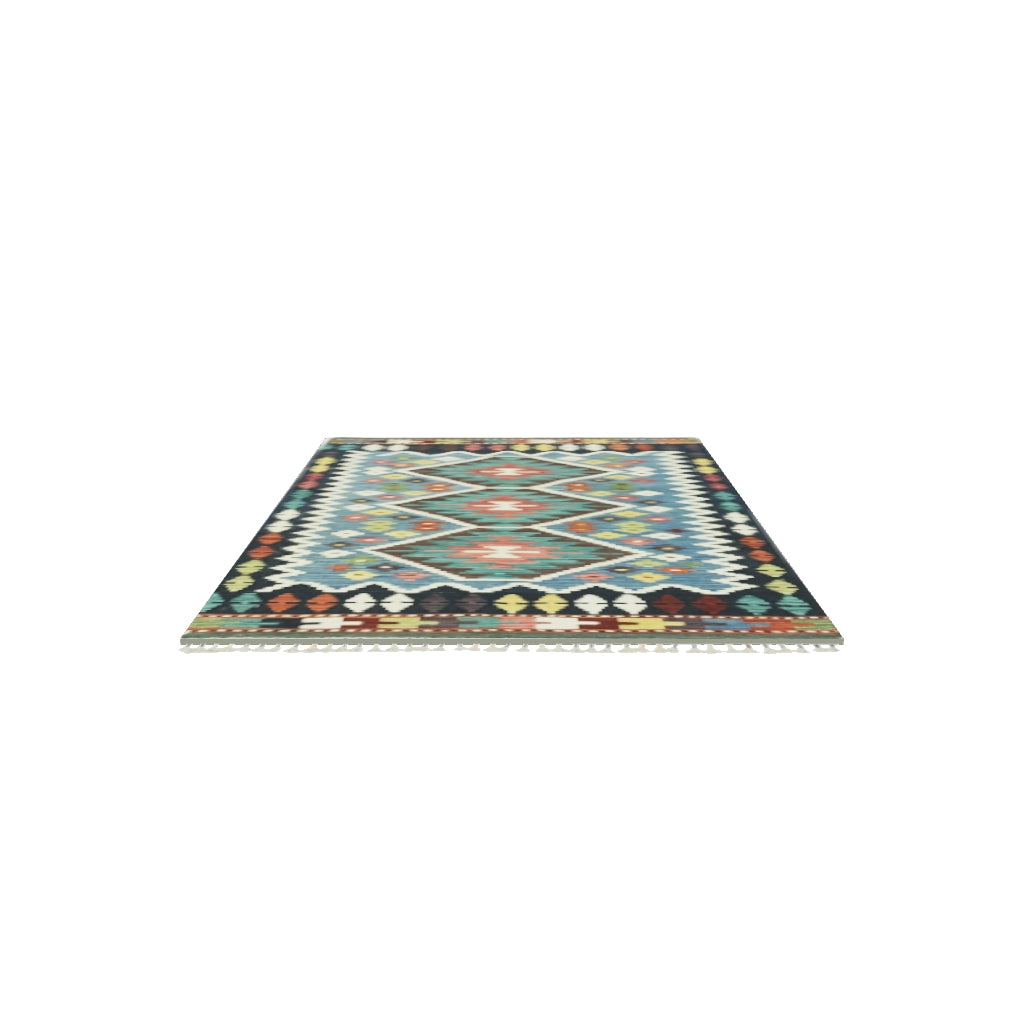 Afghan Kilim Rug 3x5 | Teal, Navy & Ivory | Hand-Woven Wool Flatweave | True-Size 3D Rug | View in Your Room