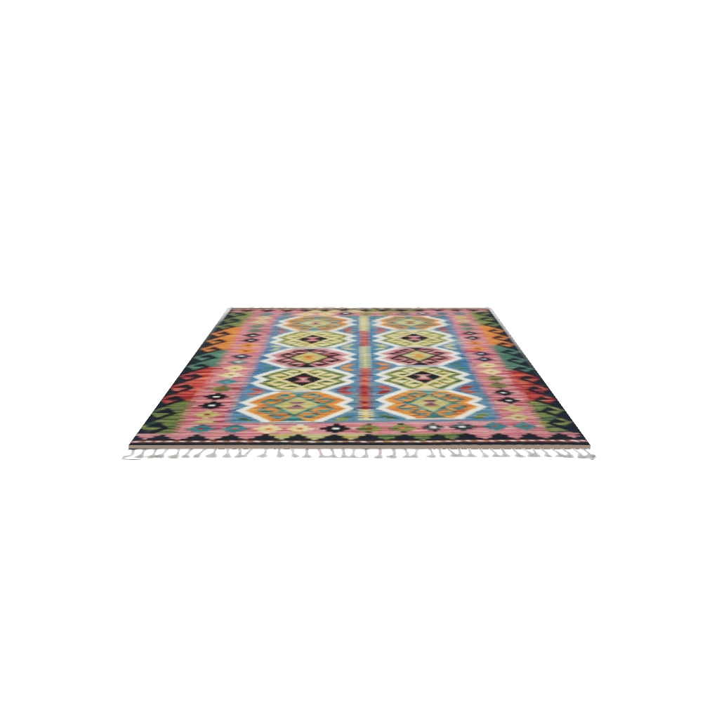 Afghan Kilim Rug 3x5 | Pink, Olive Green & Black | Hand-Woven Wool Flatweave | True-Size 3D Rug | View in Your Room