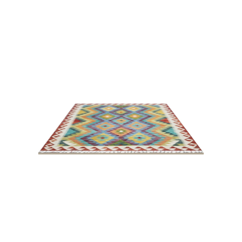 Afghan Kilim Rug 3x5 | Rust, Ivory & Teal | Hand-Woven Wool Flatweave | True-Size 3D Rug | View in Your Room