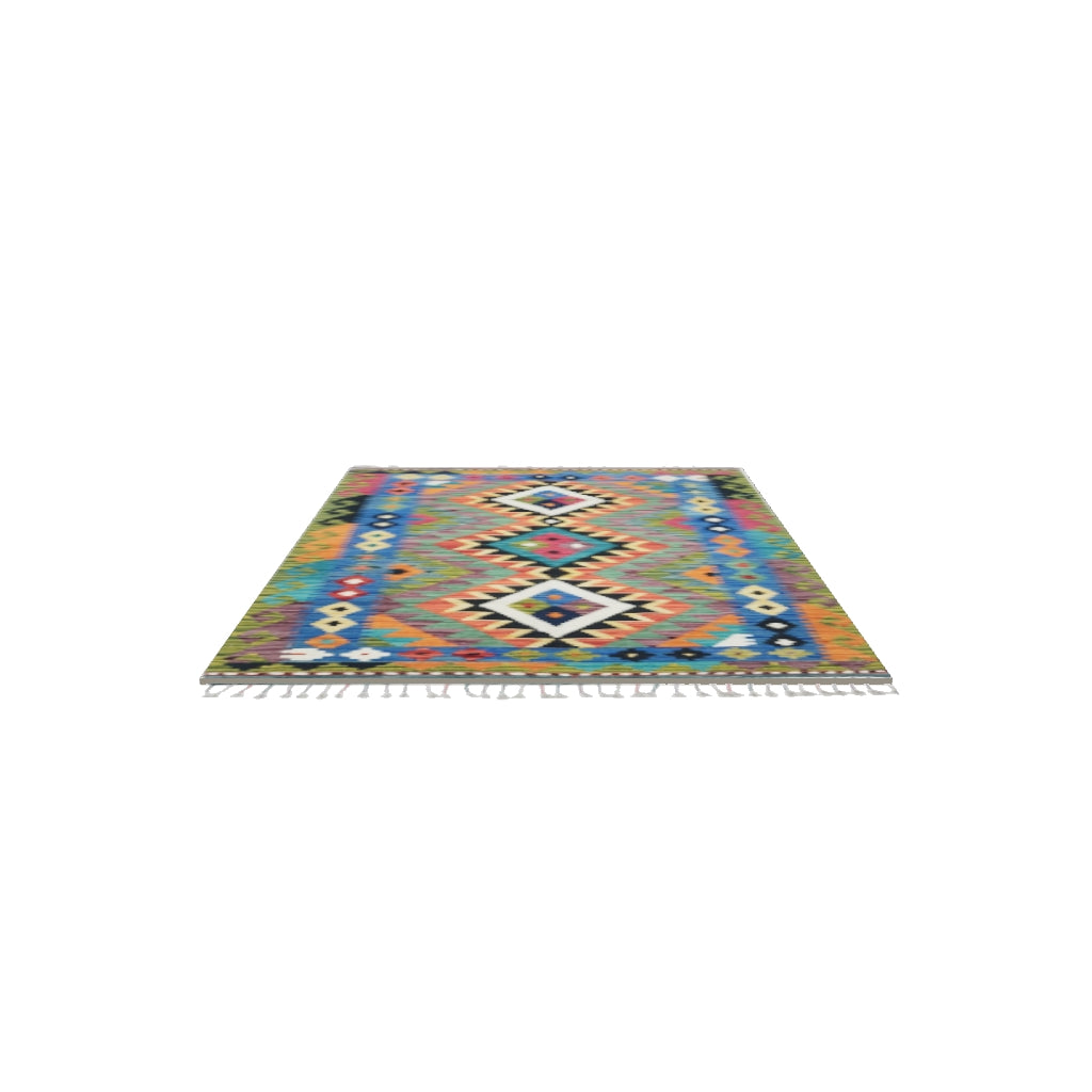 Afghan Kilim Rug 3x5 | Blue, Olive Green & Orange | Hand-Woven Wool Flatweave | True-Size 3D Rug | View in Your Room