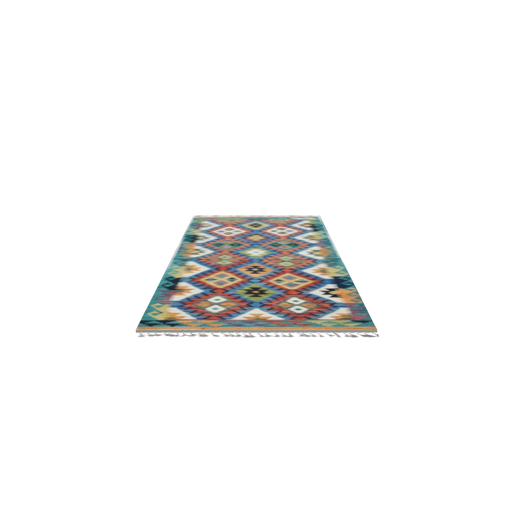 Afghan Kilim Runner 3x6 | Teal, Rust & Navy | Hand-Woven Wool Flatweave | True-Size 3D Rug | View in Your Room