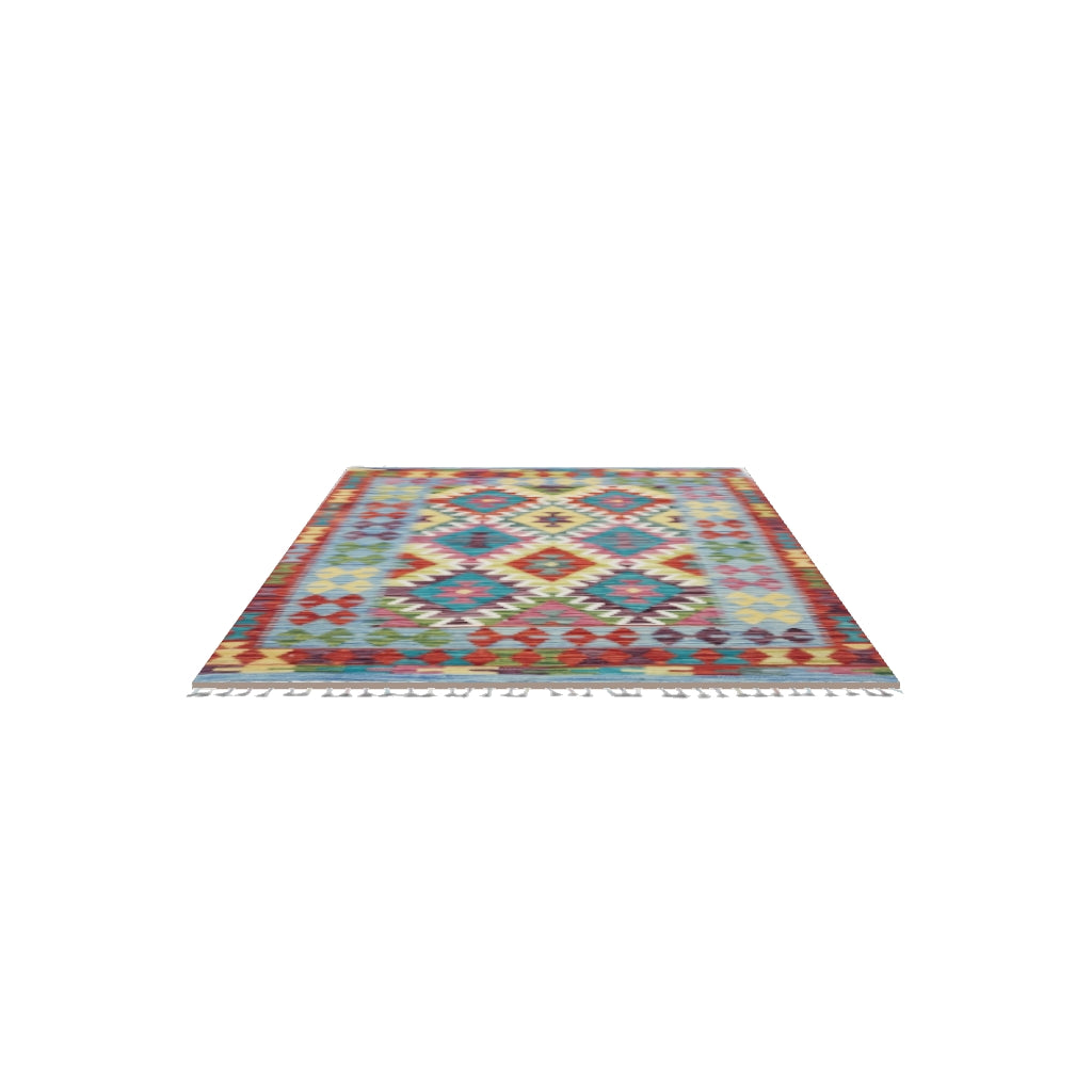 Afghan Kilim Rug 3x5 | Rust, Teal & Gold | Hand-Woven Wool Flatweave | True-Size 3D Rug | View in Your Room
