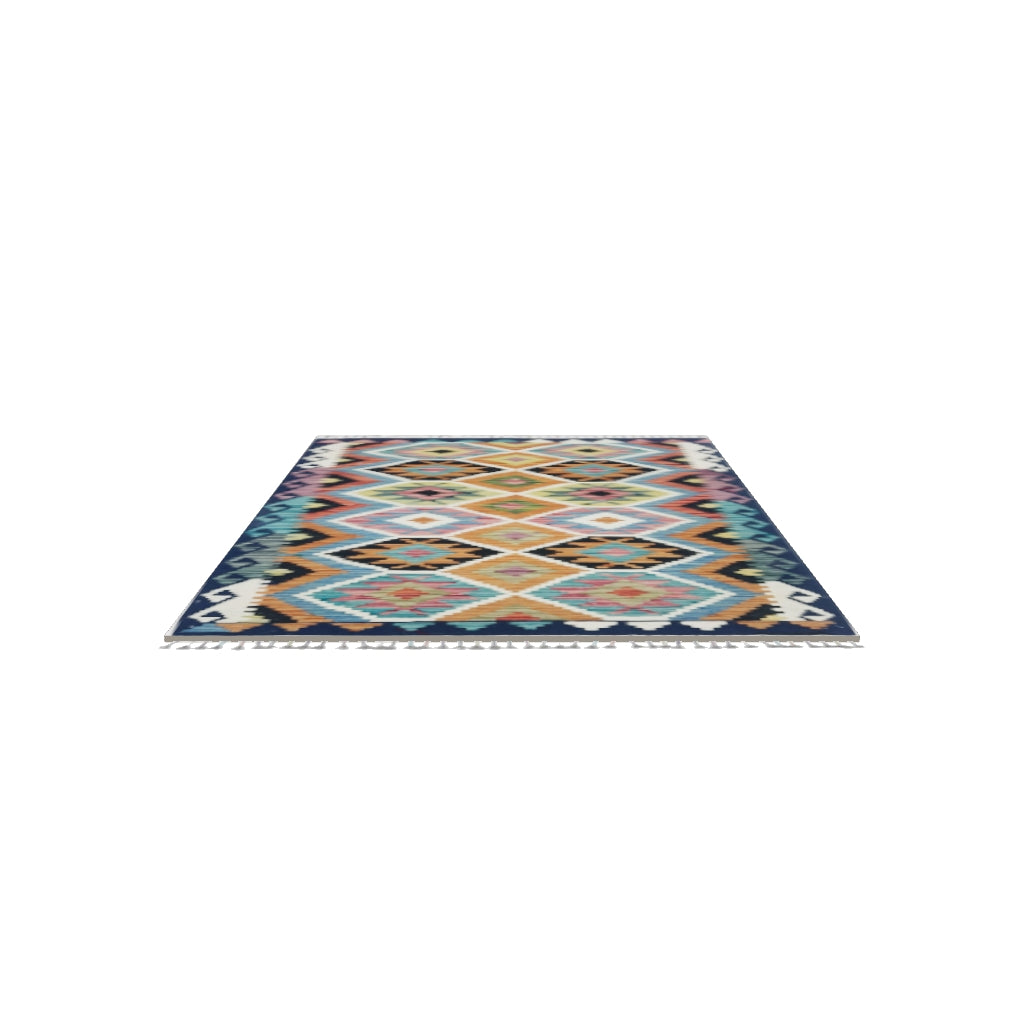 Afghan Kilim Rug 3x5 | Navy, Orange & Black | Hand-Woven Wool Flatweave | True-Size 3D Rug | View in Your Room
