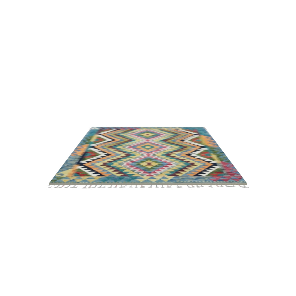Afghan Kilim Rug 3x5 | Teal, Gold & Orange | Diamond Medallion Wool Flatweave | True-Size 3D Rug | View in Your Room