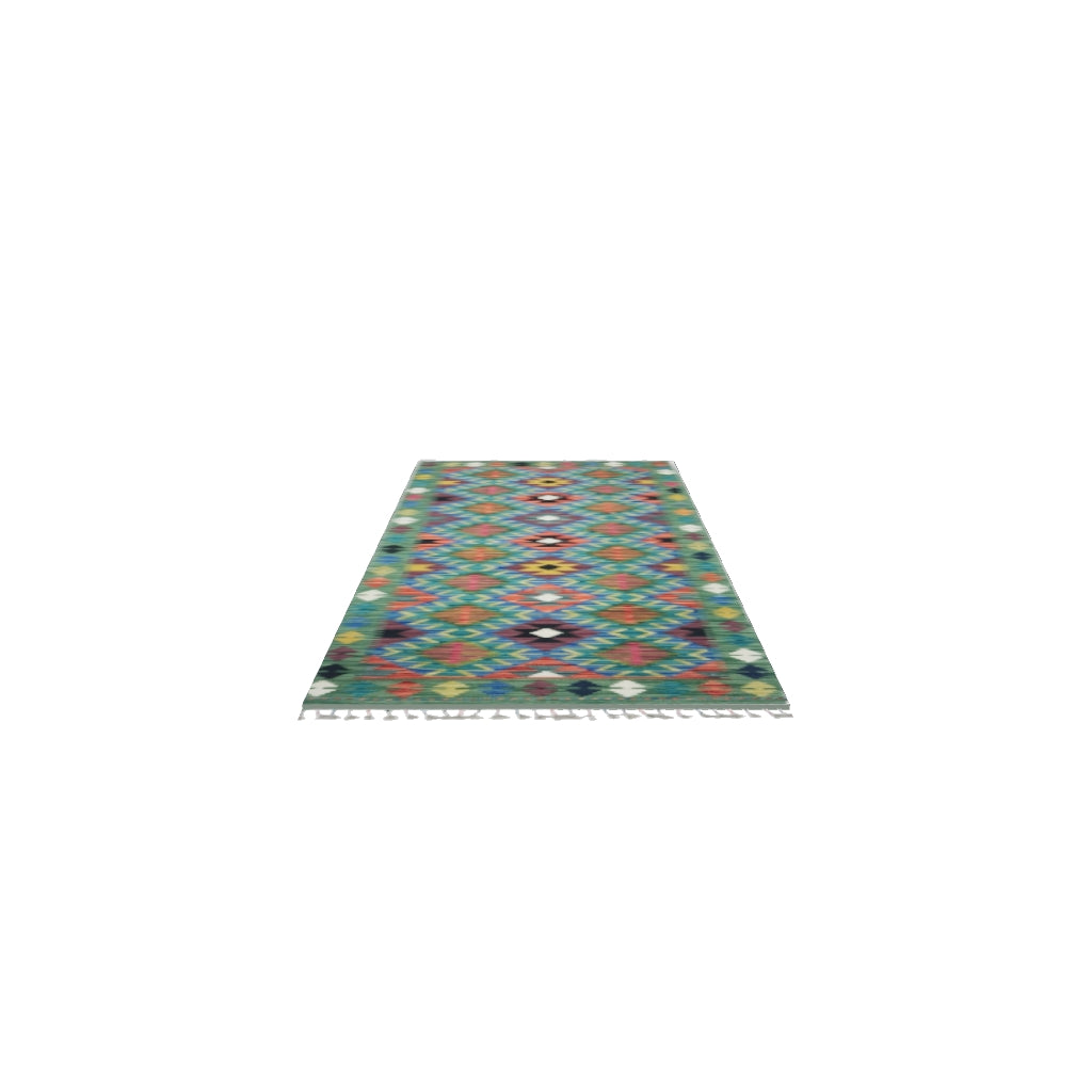 Afghan Kilim Runner 3x7 | Blue, Teal & Rust | Hand-Woven Wool Flatweave | True-Size 3D Rug | View in Your Room