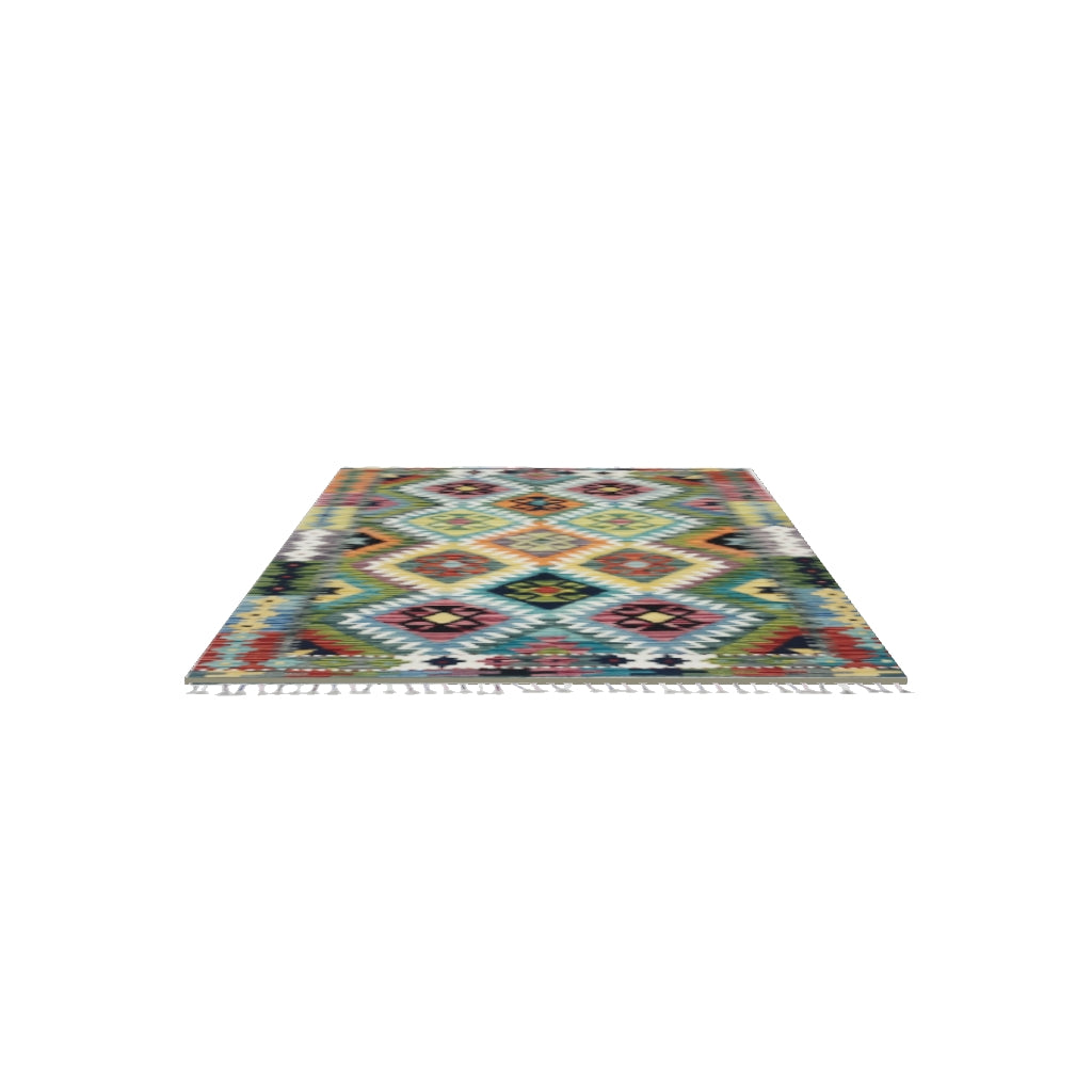 Afghan Kilim Rug 3x5 | Olive Green, Teal & Gray | Hand-Woven Wool Flatweave | True-Size 3D Rug | View in Your Room