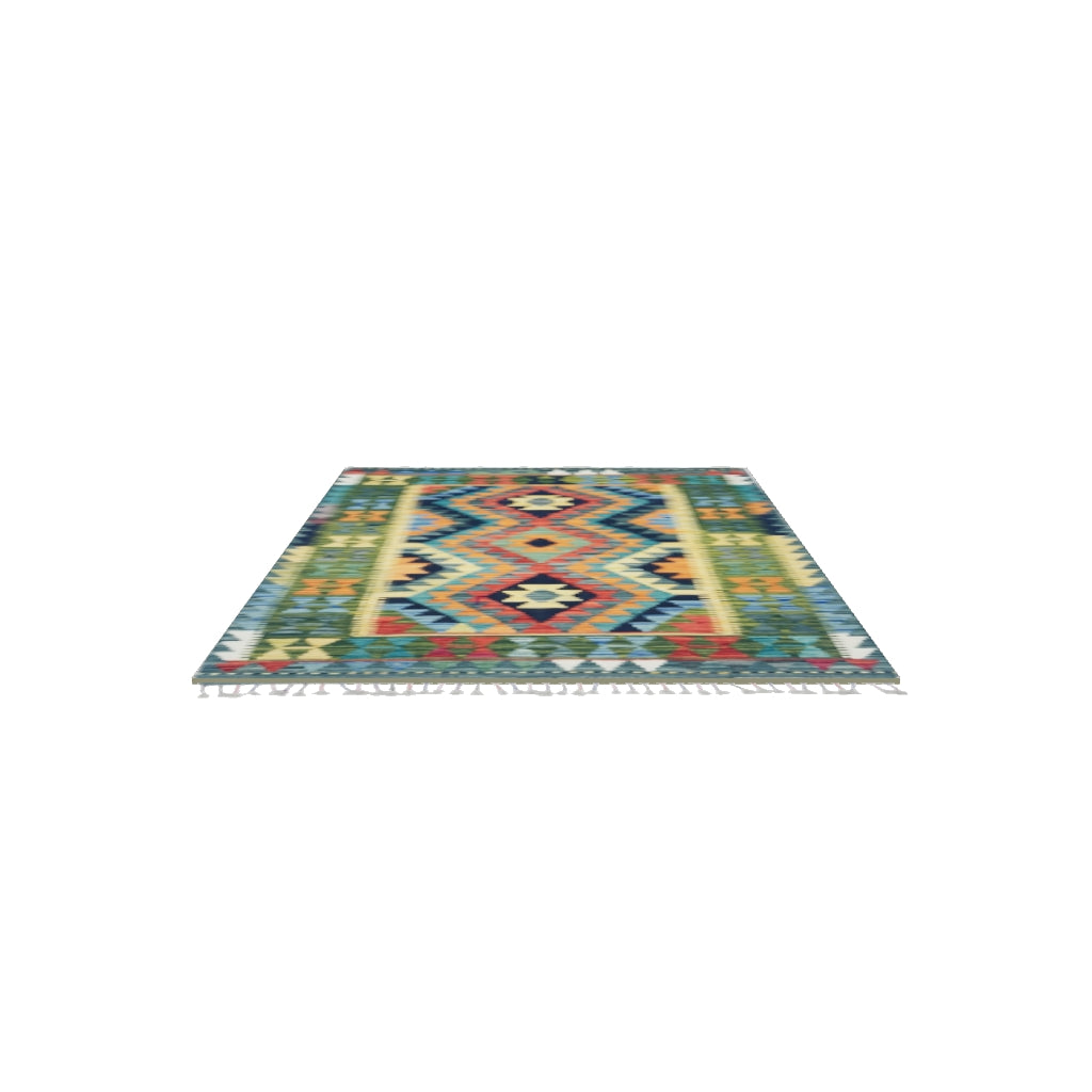Afghan Kilim Rug 3x5 | Teal, Olive Green & Orange | Hand-Woven Wool Flatweave | True-Size 3D Rug | View in Your Room