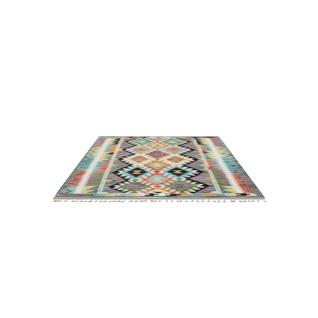 Afghan Kilim Rug 3x5 | Gray, Black & Rust | Hand-Woven Wool Flatweave | True-Size 3D Rug | View in Your Room