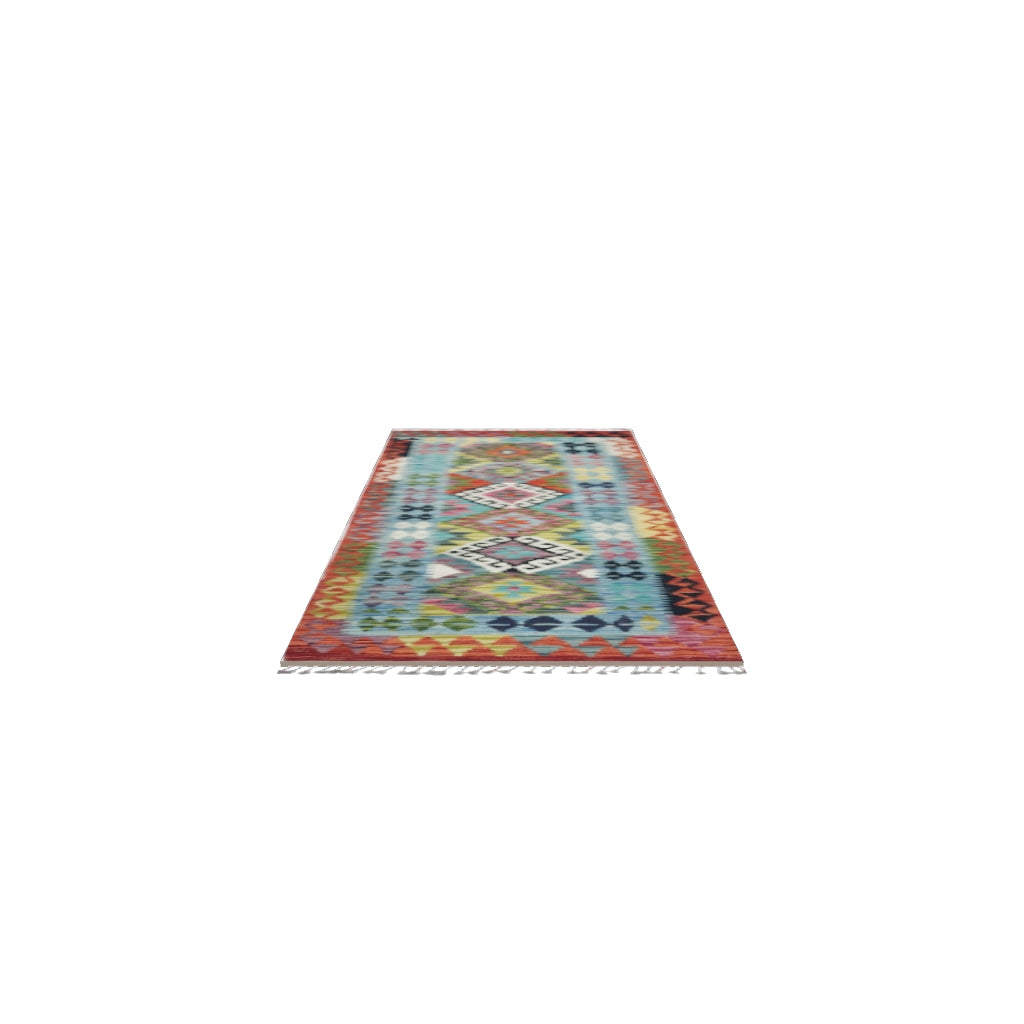 Afghan Kilim Runner 2x6 | Rust, Blue & Olive Green | Hand-Woven Wool Flatweave | True-Size 3D Rug | View in Your Room
